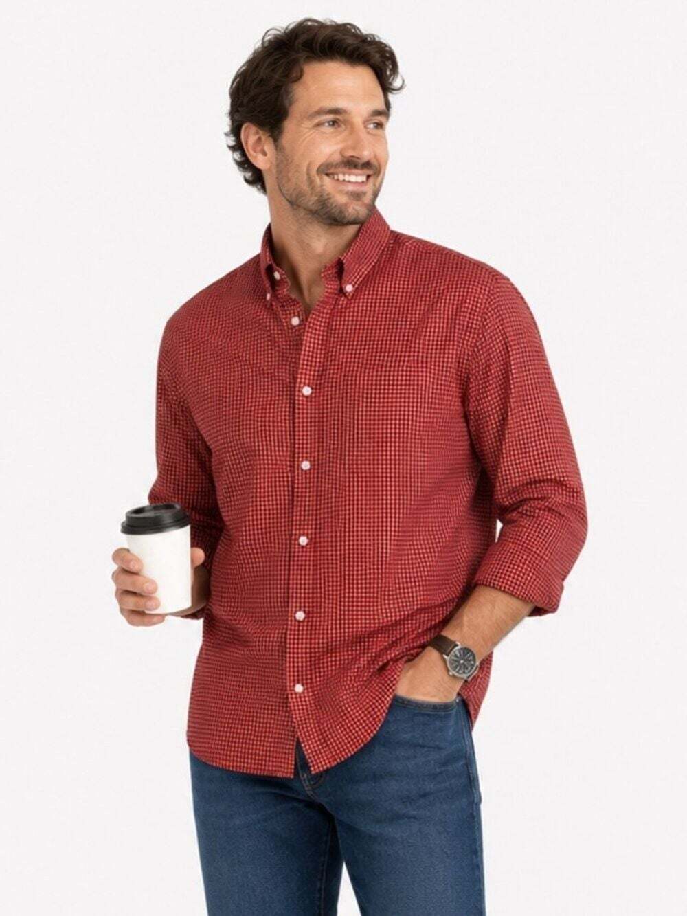 Eddie Bauer Red Plaid Casual Button Down Shirt Size M Relaxed Fit Checked L/S